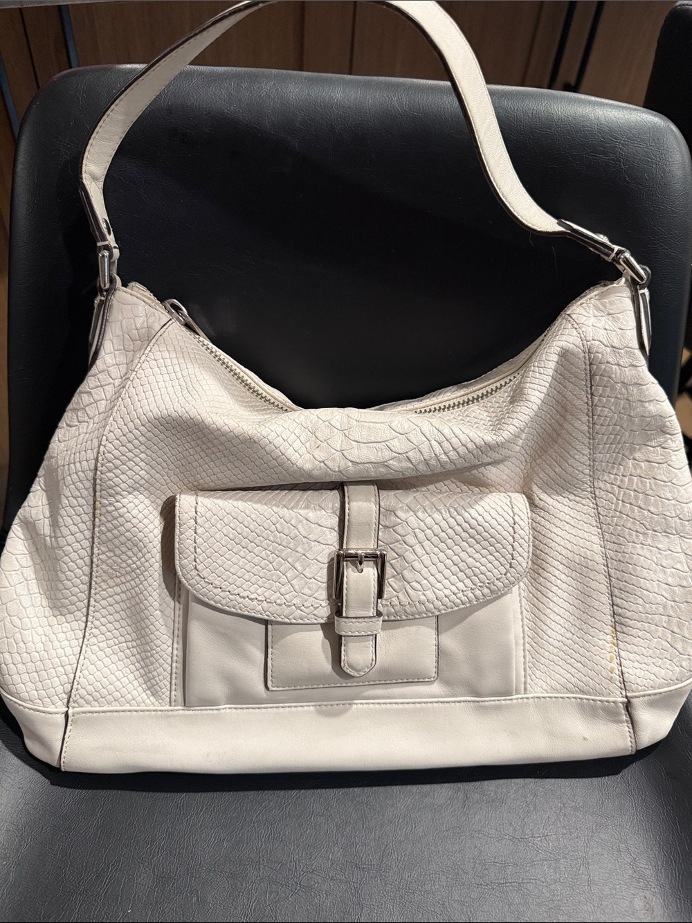 Coach Cream Textured Leather Shoulder Bag with Front Buckle Pocket